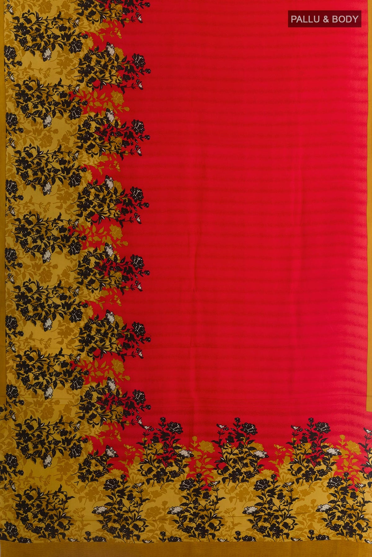 Flat view of Red Mysore Crepe Saree with Printed design on the body and Printed Border. 