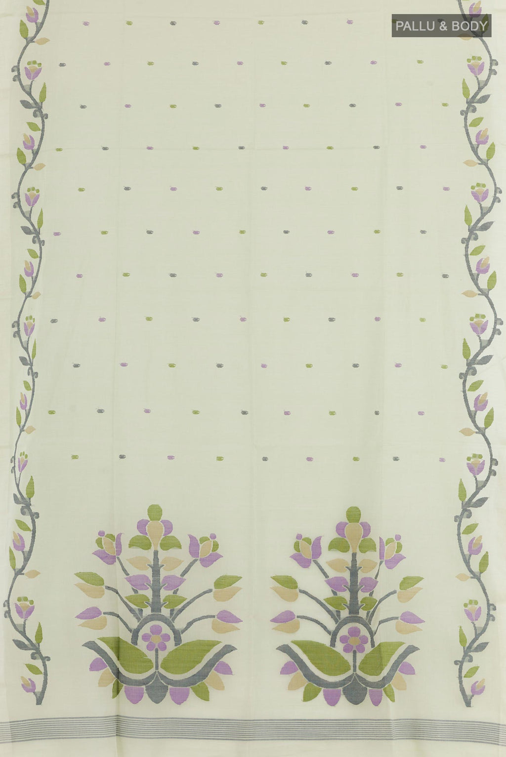 Flat view of Mint Green Mul Cotton Saree with Embroidery on the body and Plain Border. 