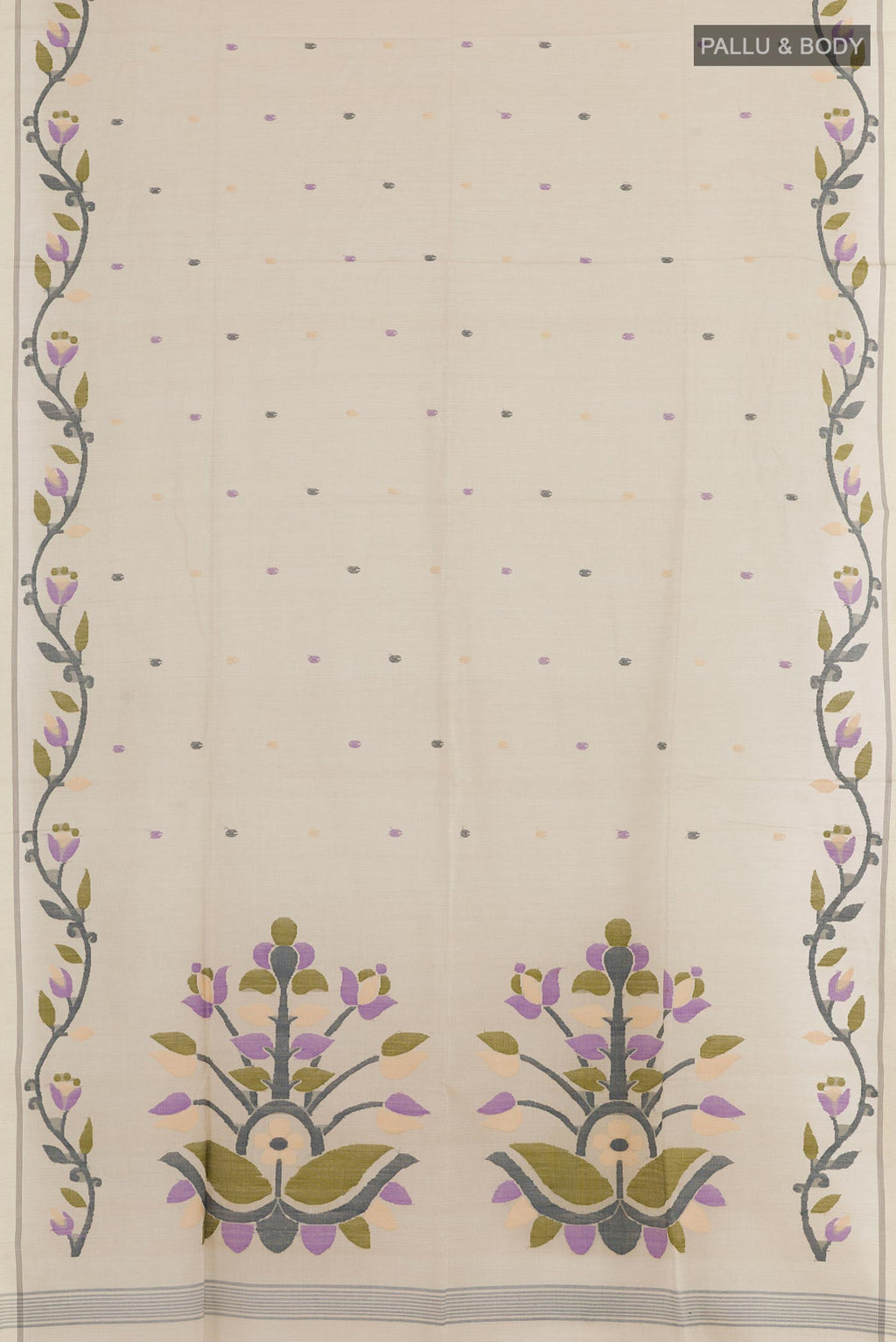 Flat view of Cream Mul Cotton Saree with Embroidery on the body and Plain Border. 
