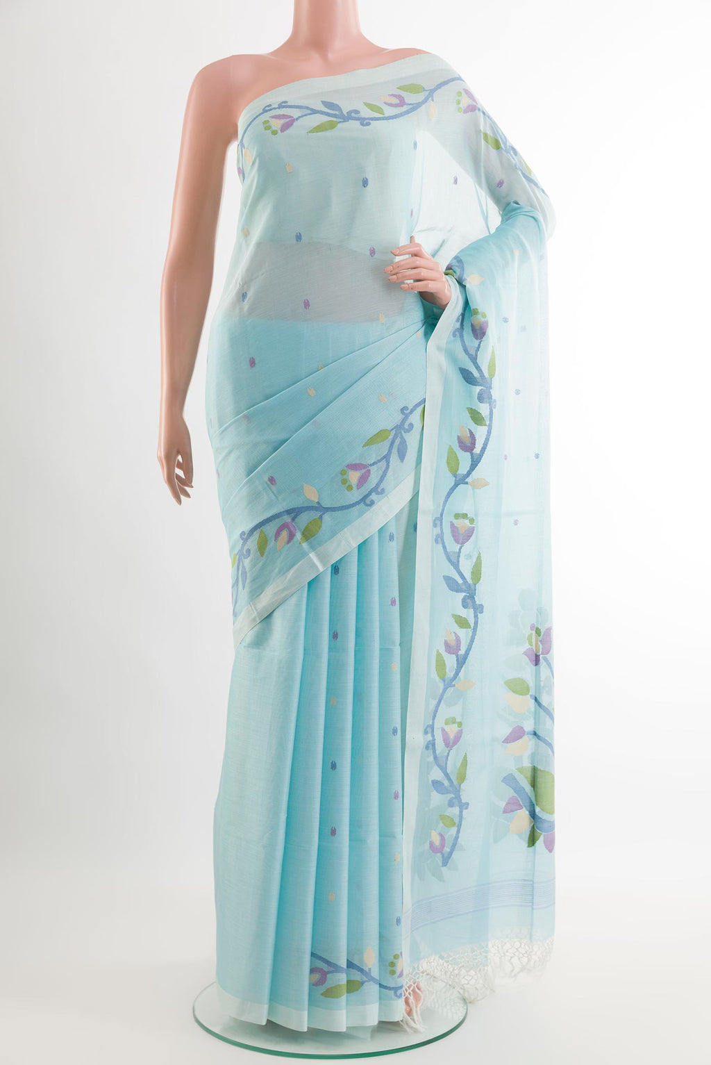Blue Mul Cotton Saree with Embroidery on the body and Plain Border.  displayed on a mannequin