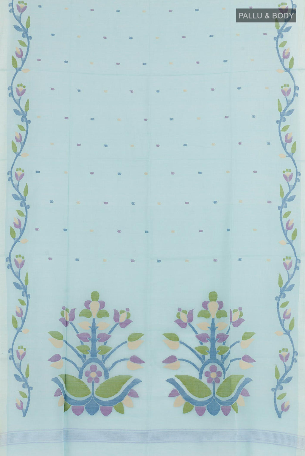 Flat view of Blue Mul Cotton Saree with Embroidery on the body and Plain Border. 