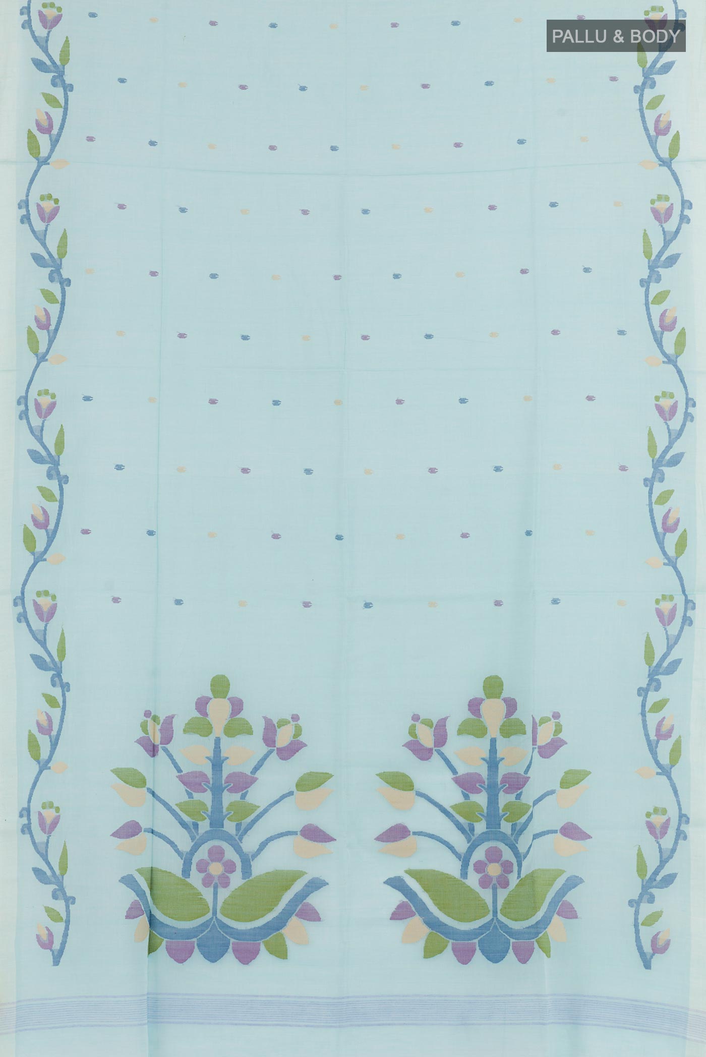Flat view of Blue Mul Cotton Saree with Embroidery on the body and Plain Border. 