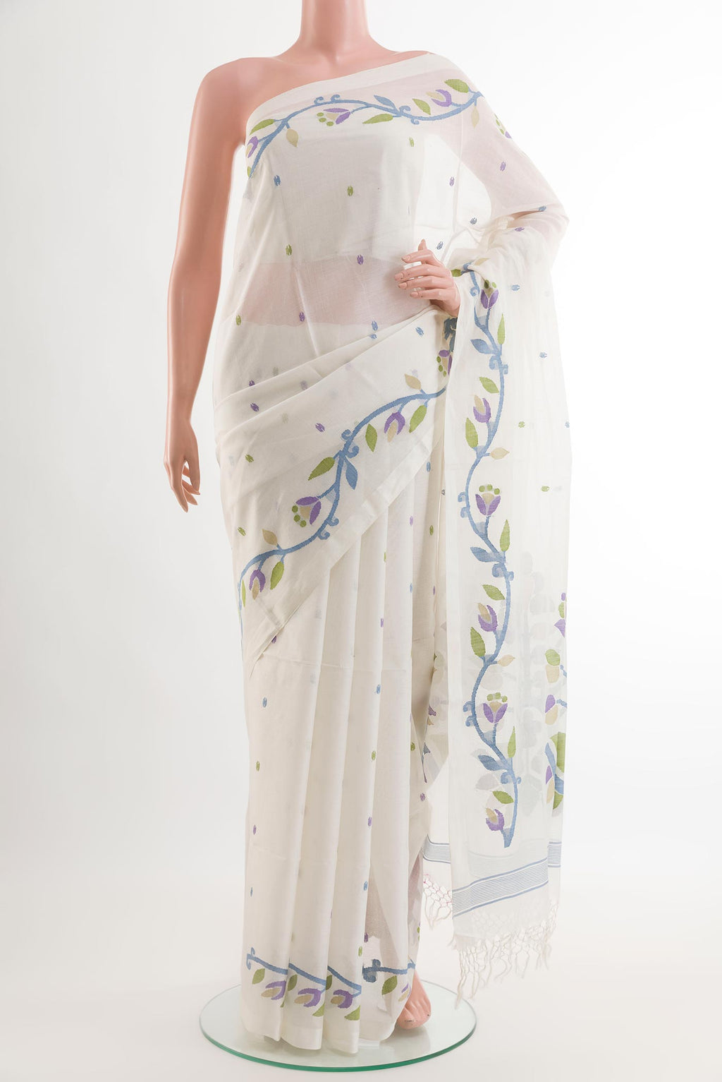 Off White Mul Cotton Saree with Embroidery on the body and Plain Border.  displayed on a mannequin