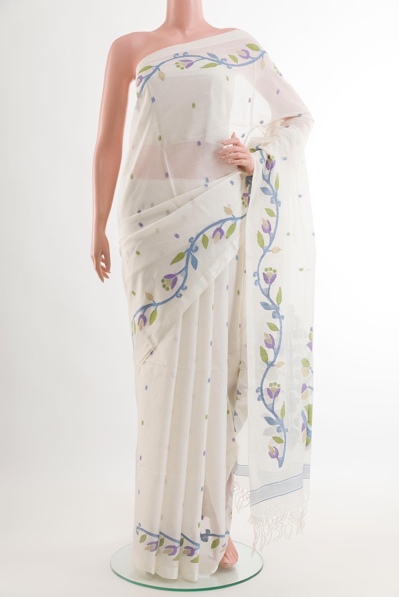 Off White Mul Cotton Saree with Embroidery on the body and Plain Border.  displayed on a mannequin