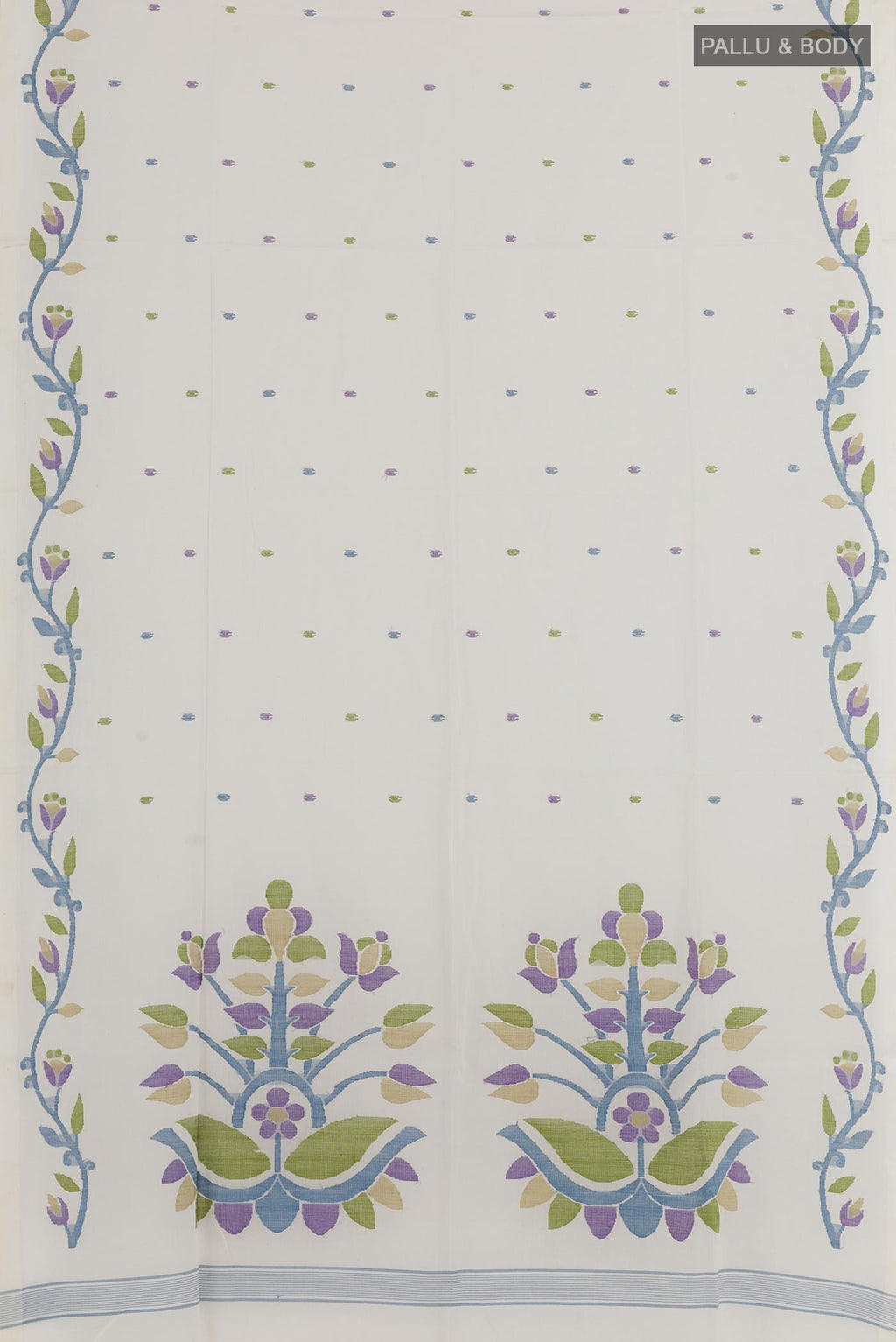 Flat view of Off White Mul Cotton Saree with Embroidery on the body and Plain Border. 