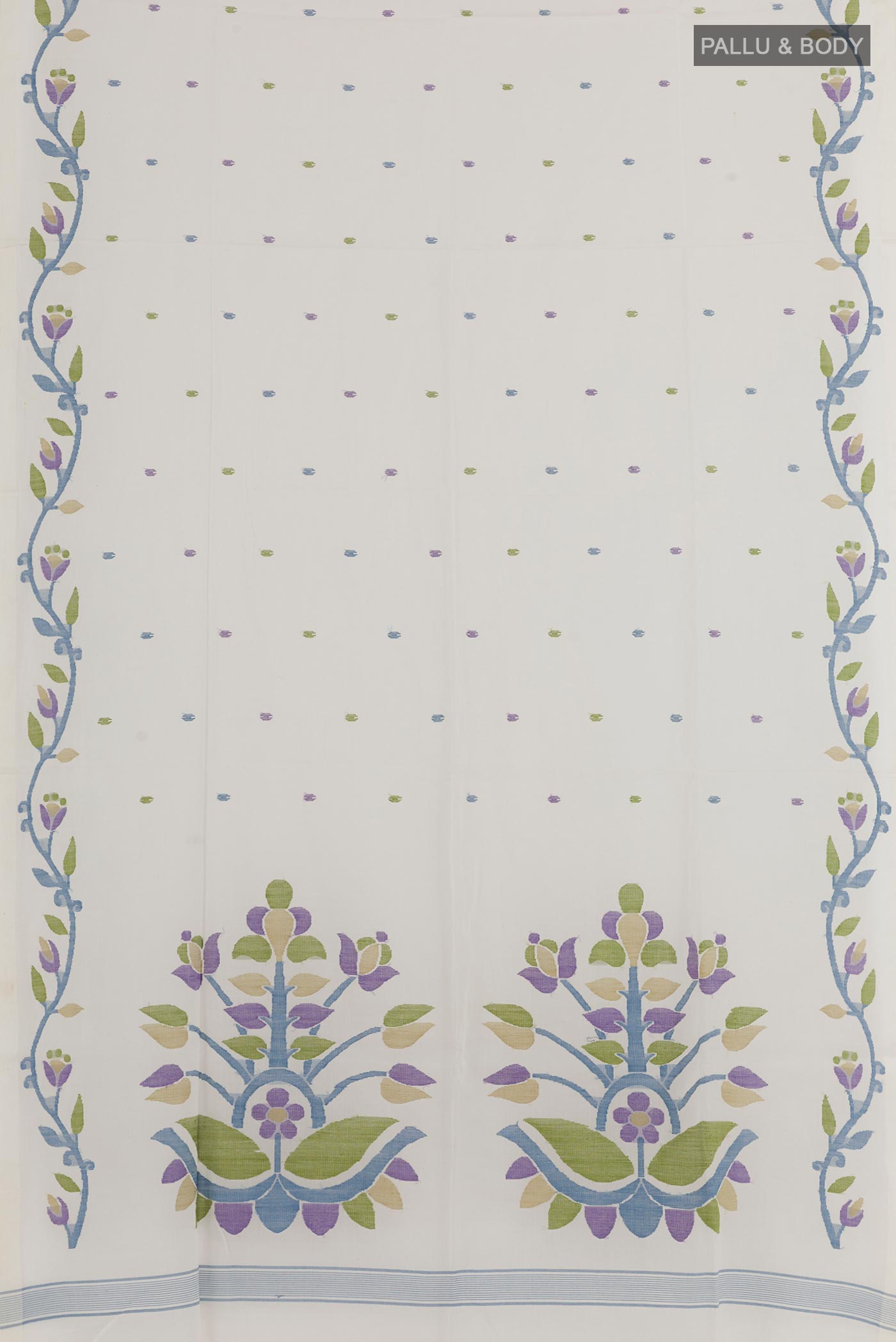 Flat view of Off White Mul Cotton Saree with Embroidery on the body and Plain Border. 