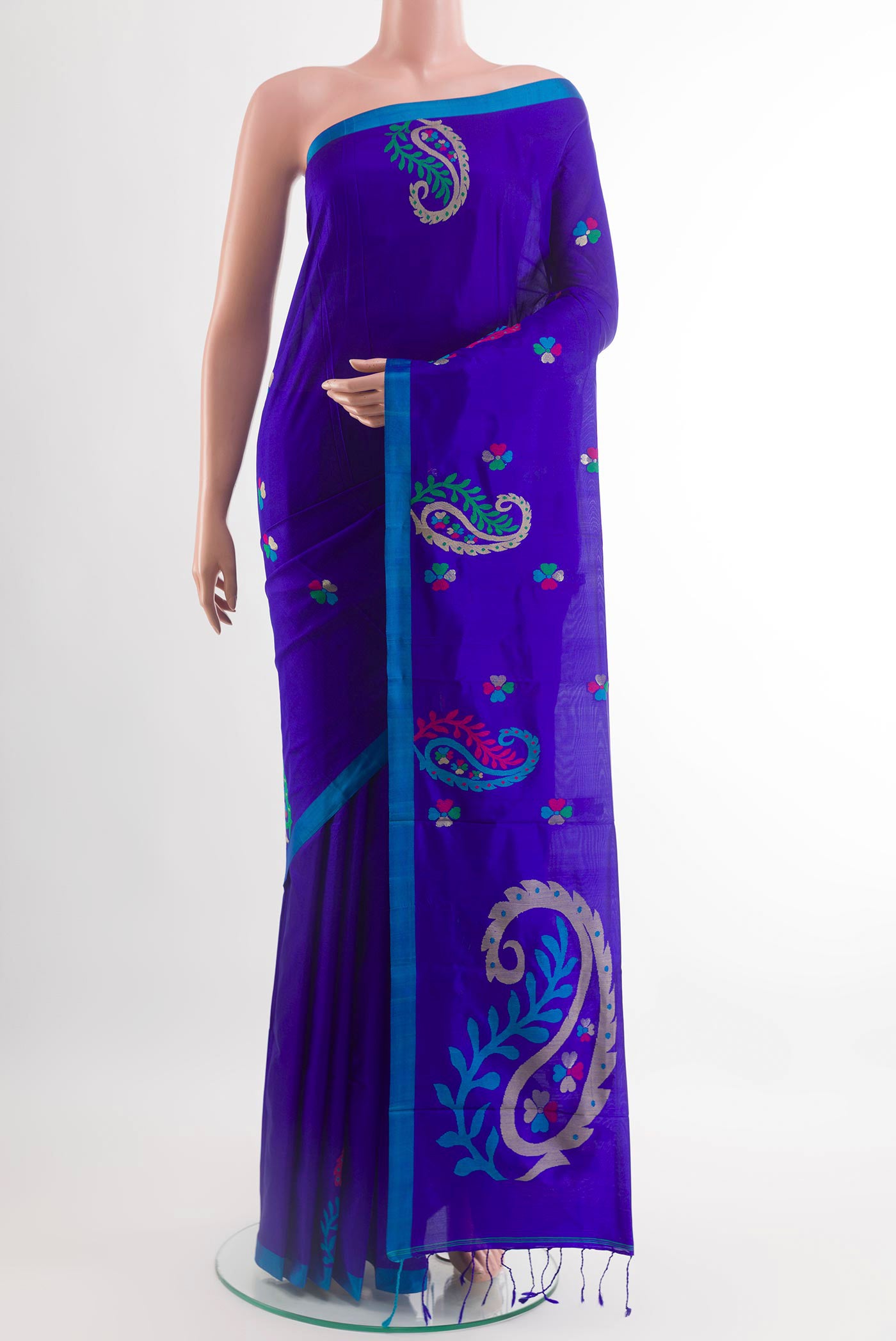 Blue Kanjivaram Silk Saree with Thread Butta on the body and Embroidery Border.  displayed on a mannequin