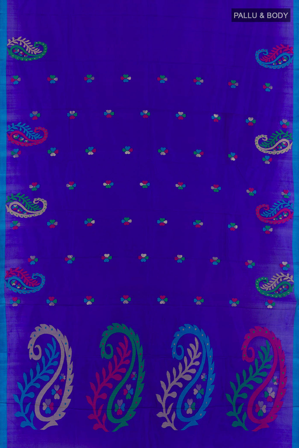 Flat view of Blue Kanjivaram Silk Saree with Thread Butta on the body and Embroidery Border. 