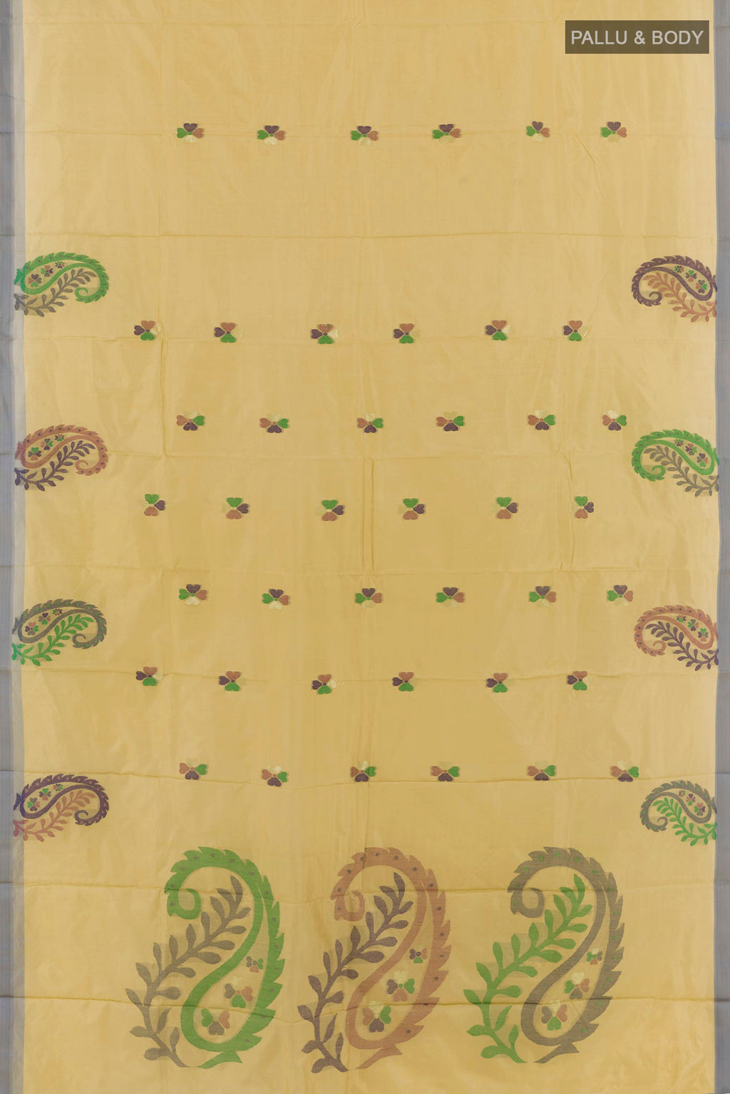 Flat view of Beige Kanjivaram Silk Saree with Thread Butta on the body and Embroidery Border. 