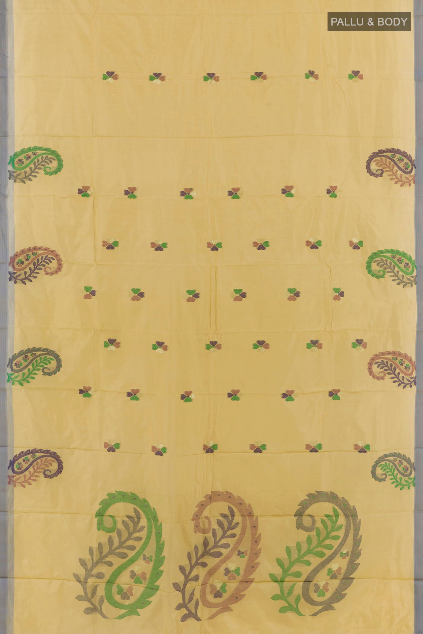 Flat view of Beige Kanjivaram Silk Saree with Thread Butta on the body and Embroidery Border. 