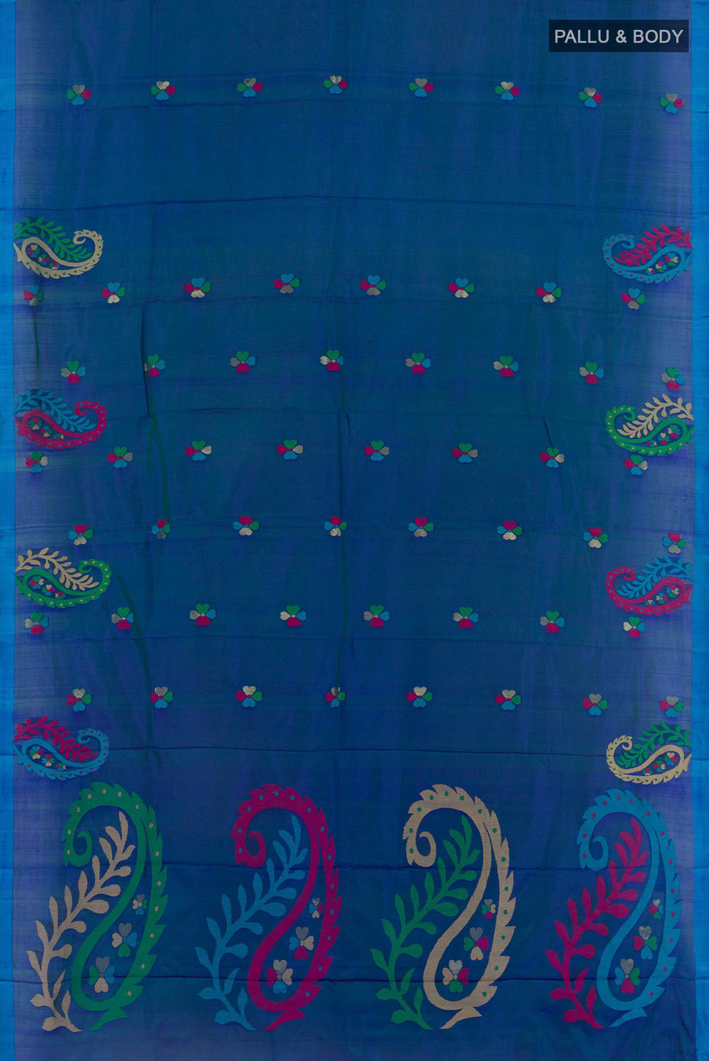 Flat view of Blue Kanjivaram Silk Saree with Thread Butta on the body and Embroidery Border. 