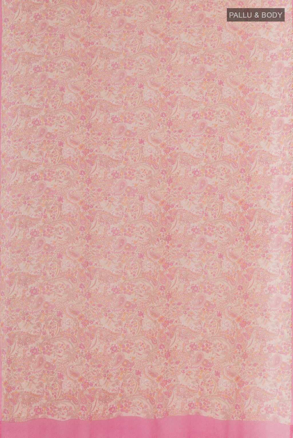 Flat view of Pink Chiffon Saree with Printed design on the body and Plain Border. 