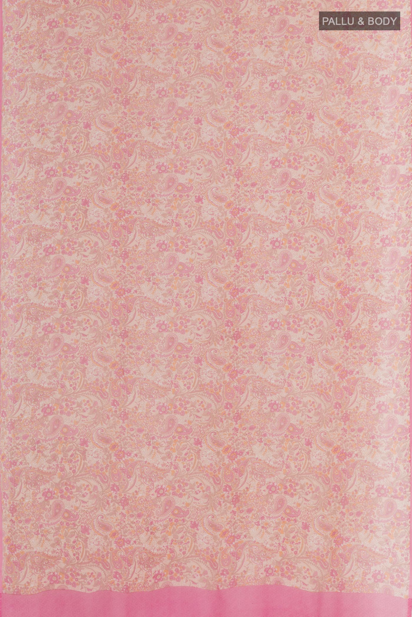 Flat view of Pink Chiffon Saree with Printed design on the body and Plain Border. 