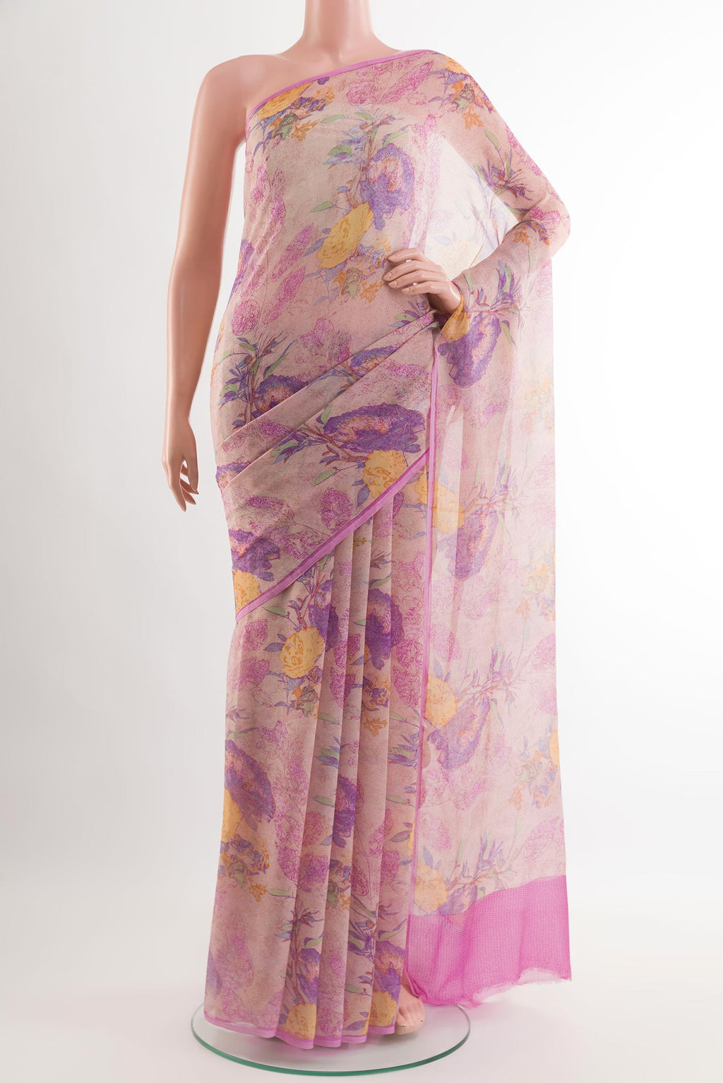 Lavender Chiffon Saree with Printed design on the body and Plain Border.  displayed on a mannequin