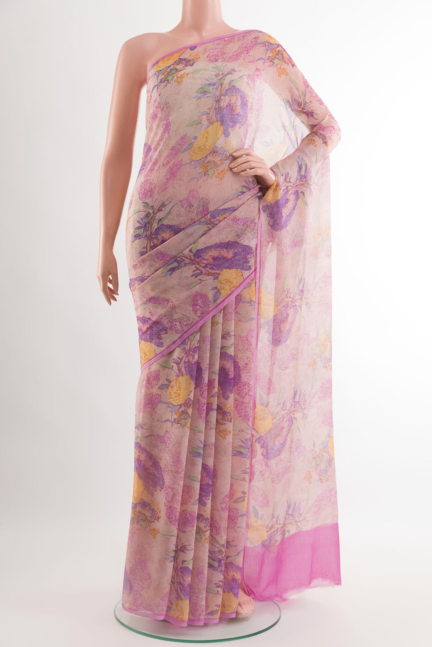 Lavender Chiffon Saree with Printed design on the body and Plain Border.  displayed on a mannequin