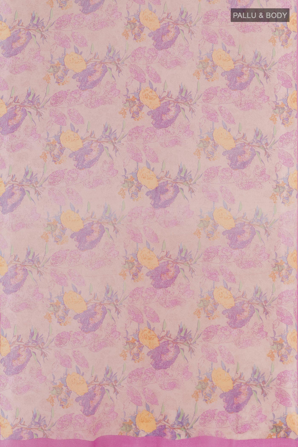 Flat view of Lavender Chiffon Saree with Printed design on the body and Plain Border. 