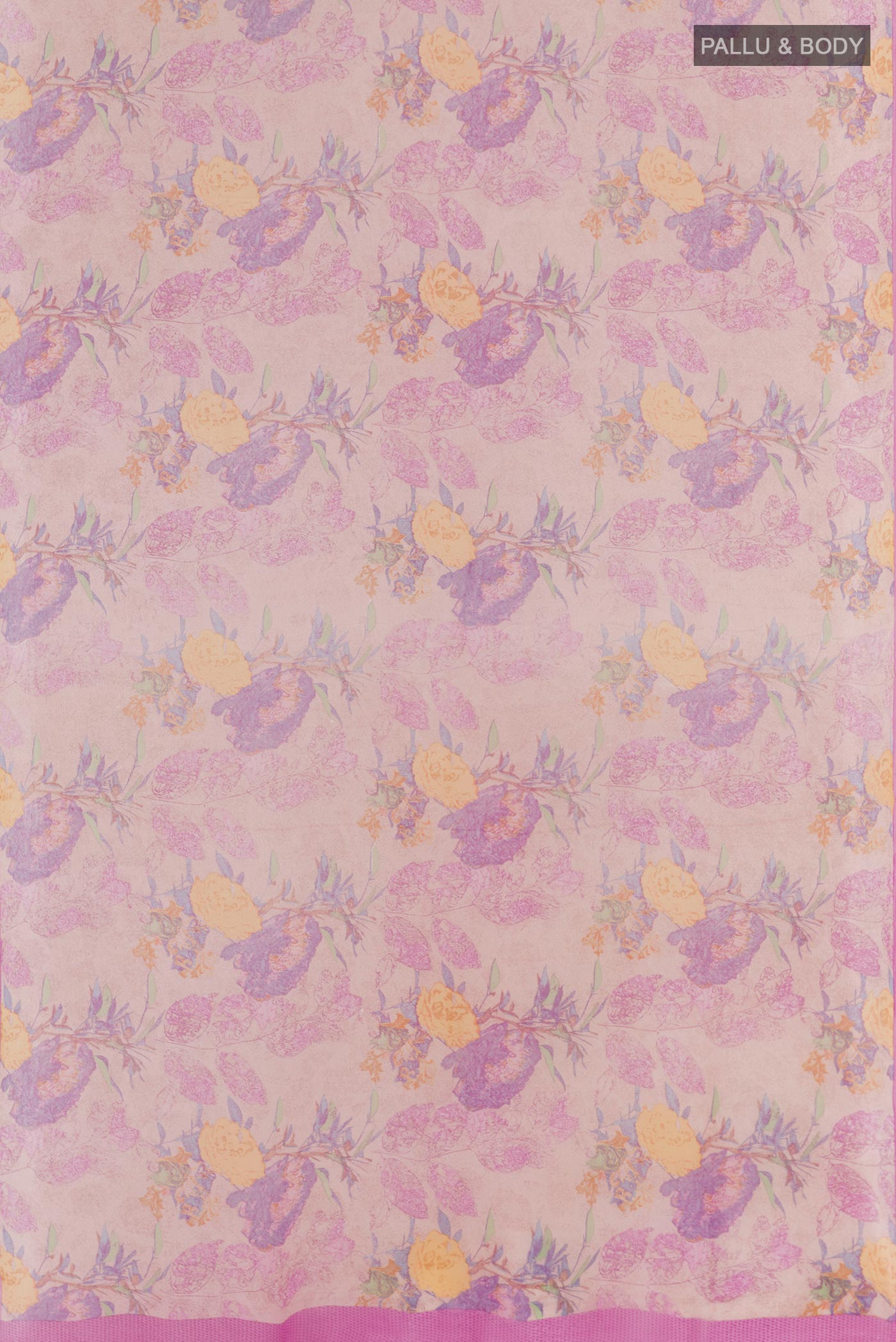 Flat view of Lavender Chiffon Saree with Printed design on the body and Plain Border. 