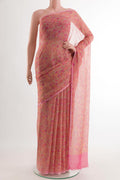 Beige Chiffon Saree with Printed design on the body and Plain Border.  displayed on a mannequin
