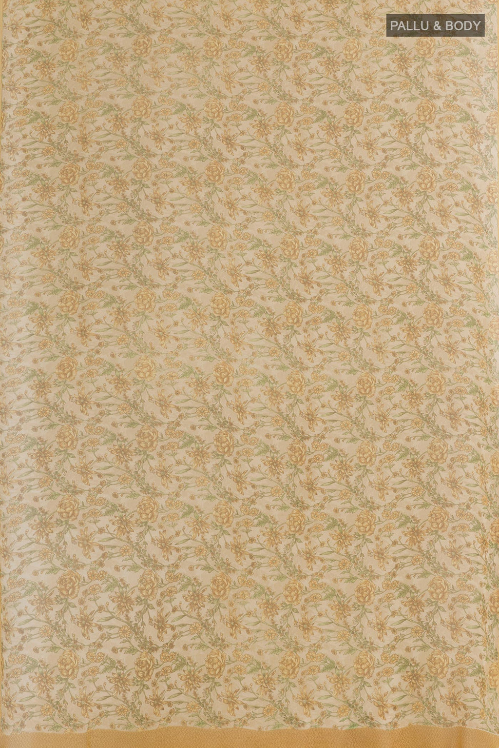 Flat view of Cream Chiffon Saree with Printed design on the body and Plain Border. 