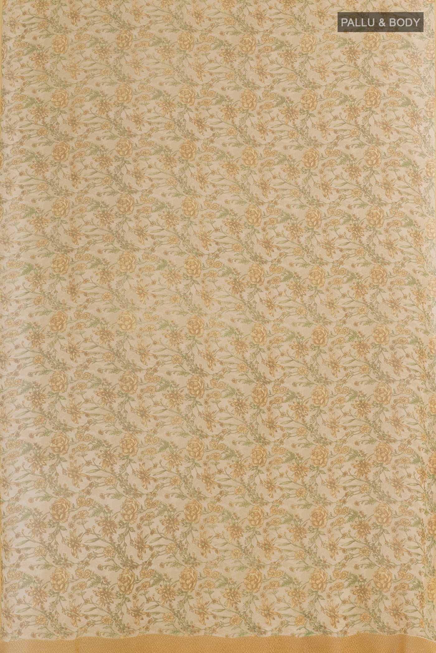 Flat view of Cream Chiffon Saree with Printed design on the body and Plain Border. 