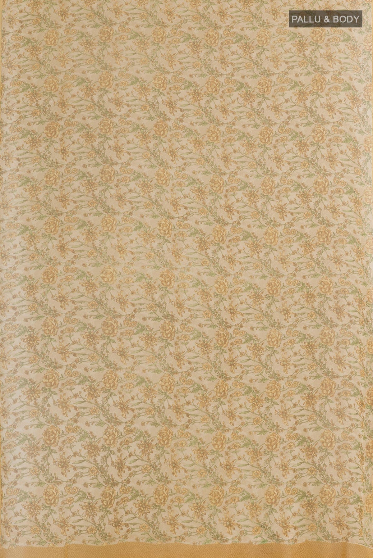 Flat view of Cream Chiffon Saree with Printed design on the body and Plain Border. 