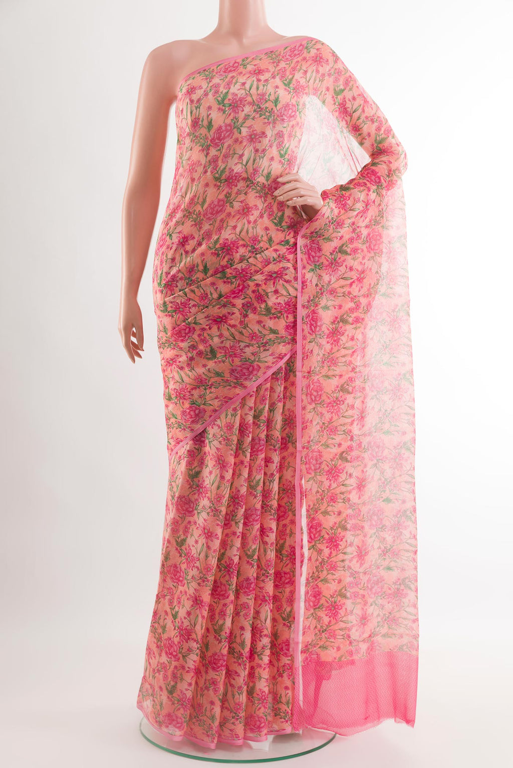 Rose pink Chiffon Saree with Printed design on the body and Plain Border.  displayed on a mannequin