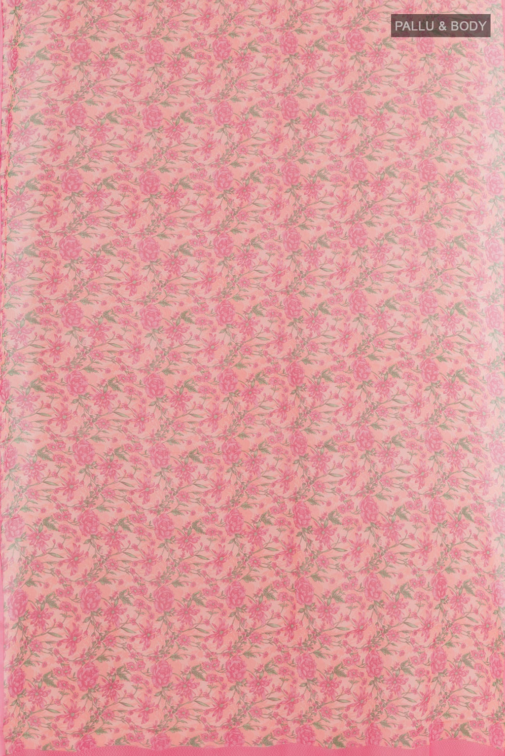 Flat view of Rose pink Chiffon Saree with Printed design on the body and Plain Border. 