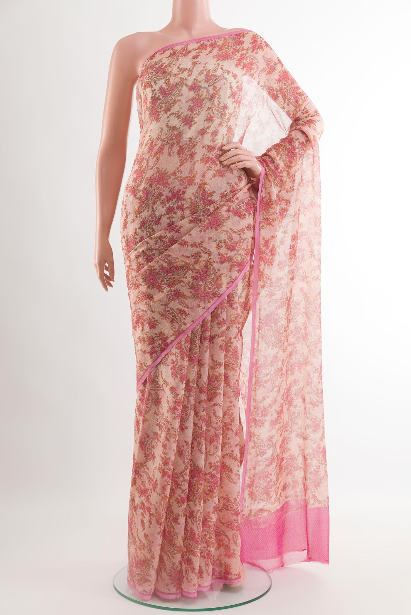 Off White Chiffon Saree with Printed design on the body and Plain Border.  displayed on a mannequin