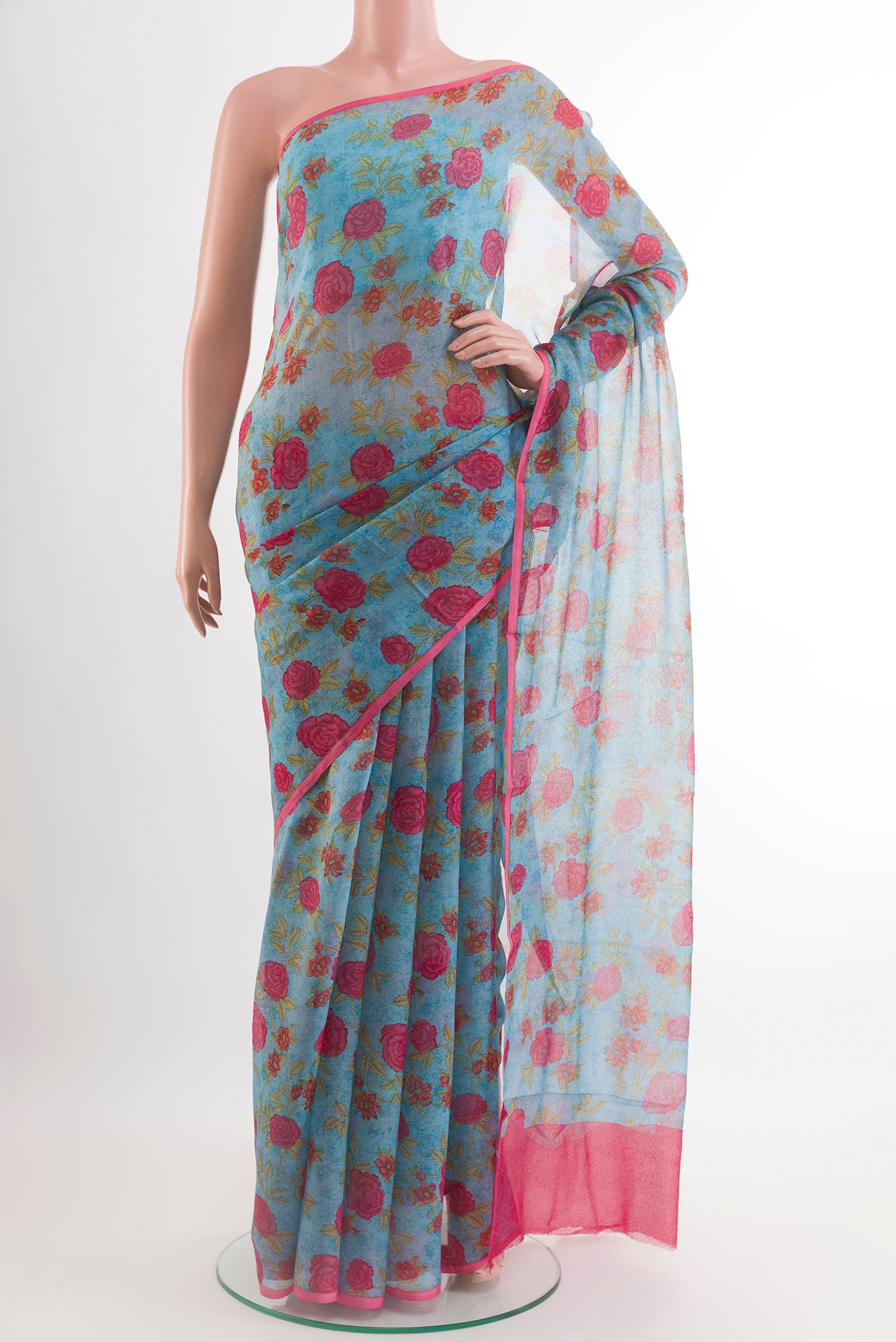 Blue Mysore Chiffon Saree with Printed design on the body and Plain Border.  displayed on a mannequin