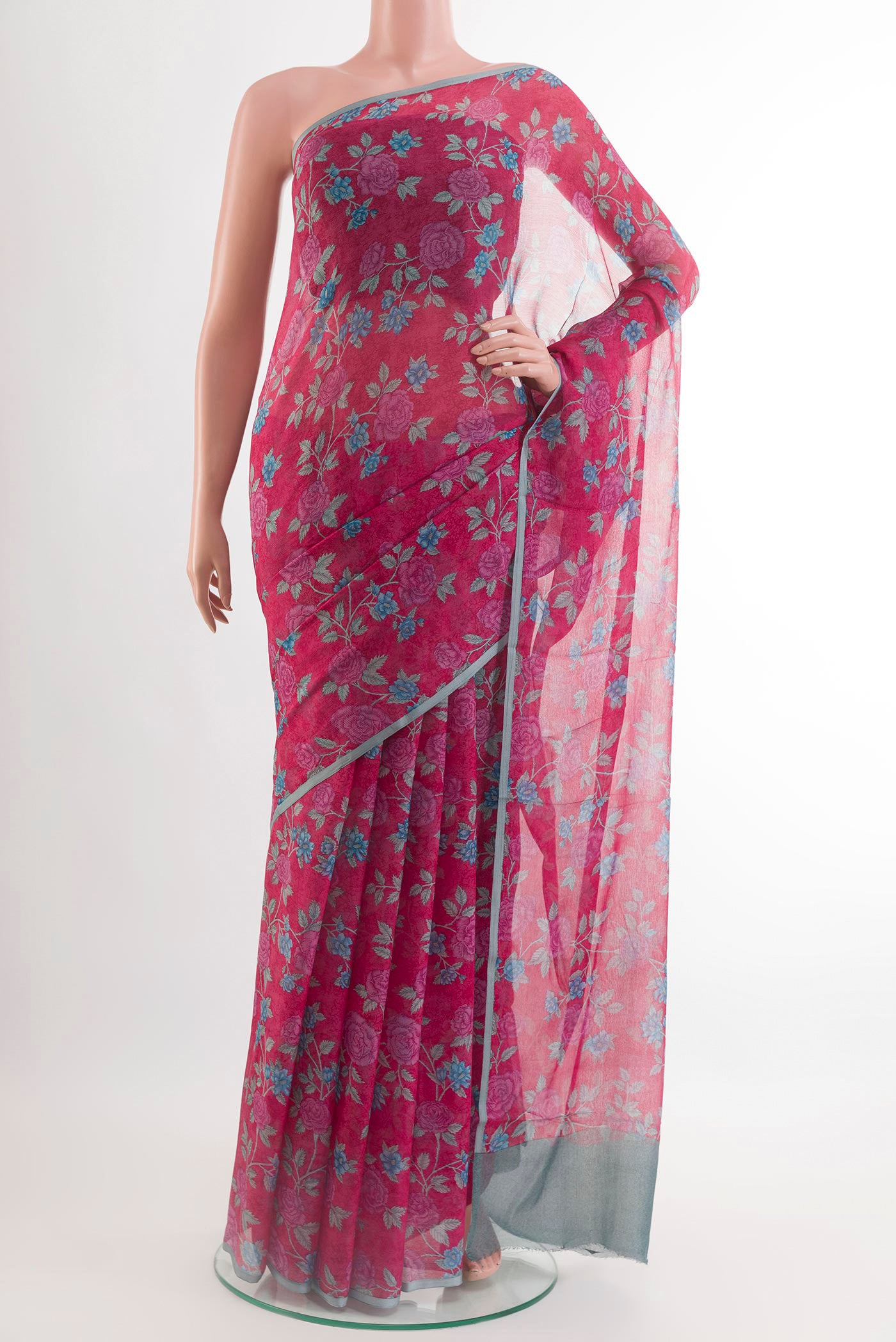 Red Mysore Chiffon Saree with Printed design on the body and Plain Border.  displayed on a mannequin