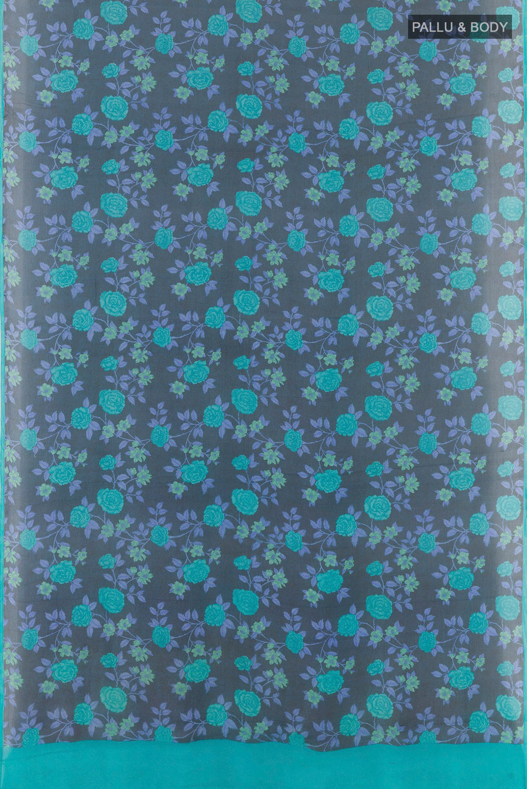Flat view of Dark Blue Mysore Chiffon Saree with Printed design on the body and Plain Border. 