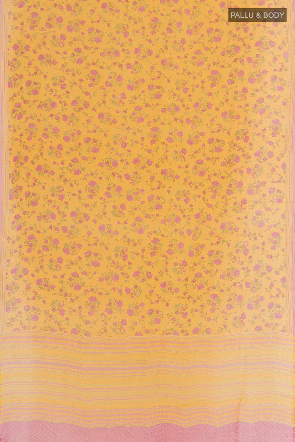 Flat view of Yellow Chiffon Saree with Printed design on the body and Plain Border. 