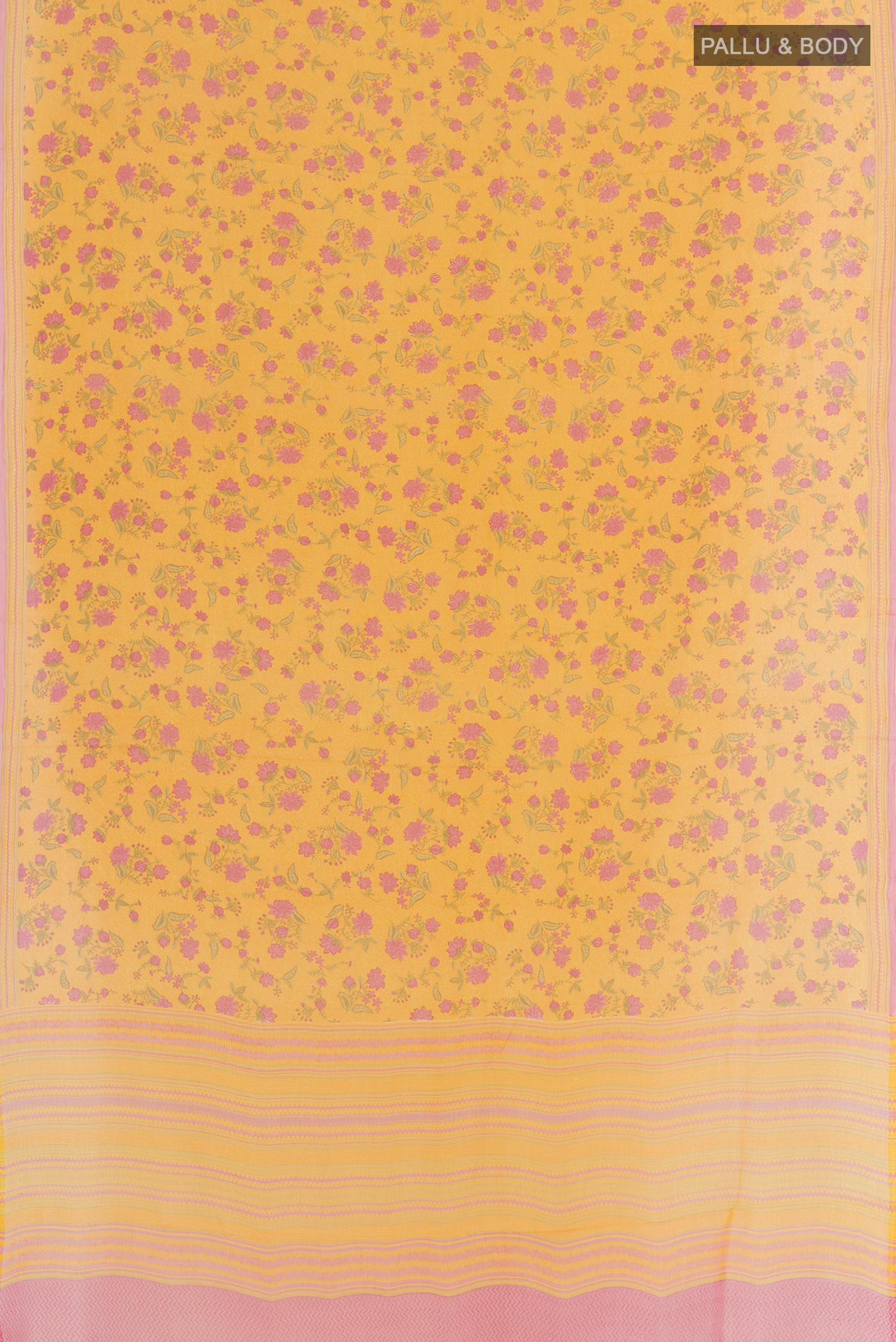 Flat view of Yellow Chiffon Saree with Printed design on the body and Plain Border. 