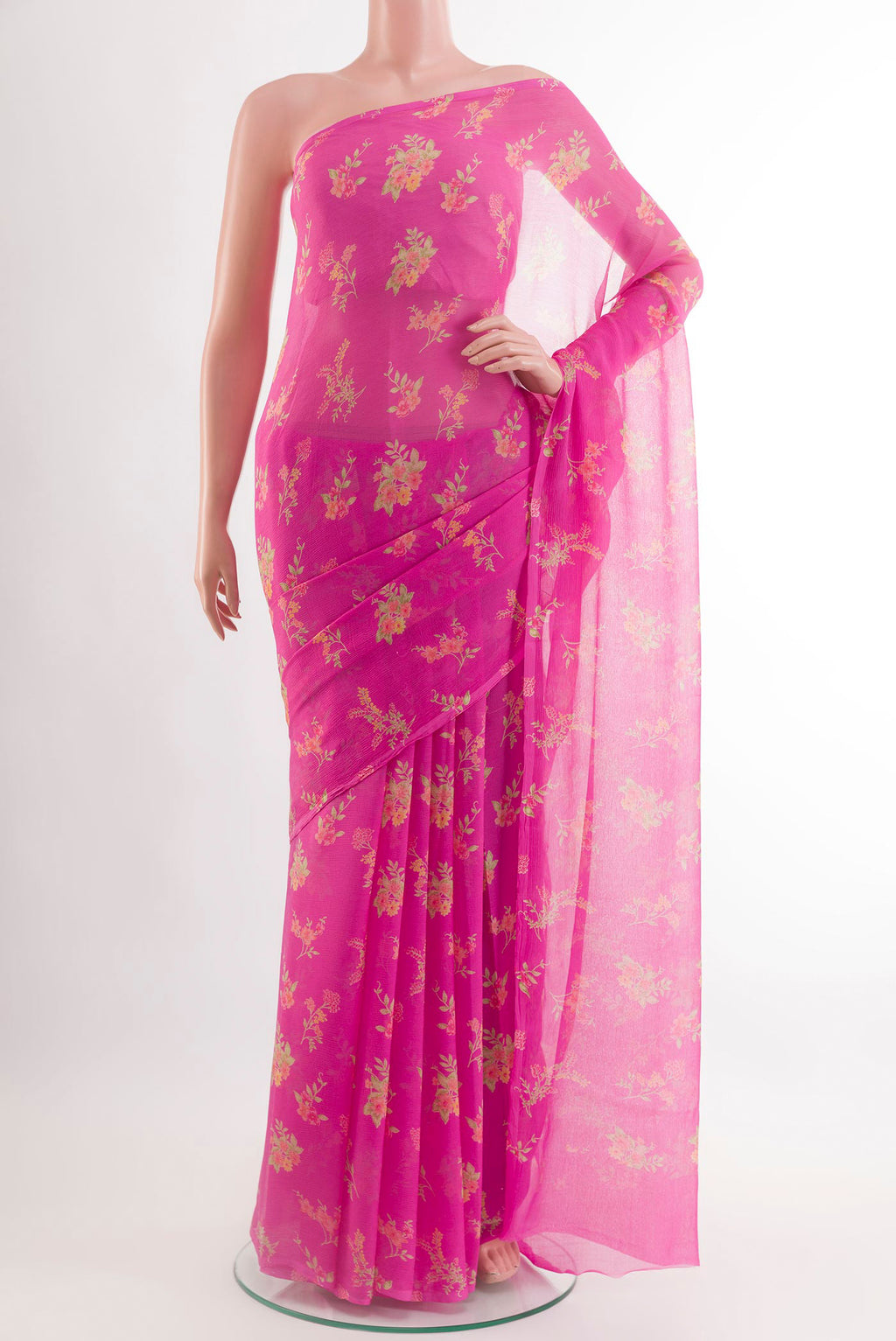 Pink Mysore Chiffon Saree with Printed design on the body and Plain Border.  displayed on a mannequin