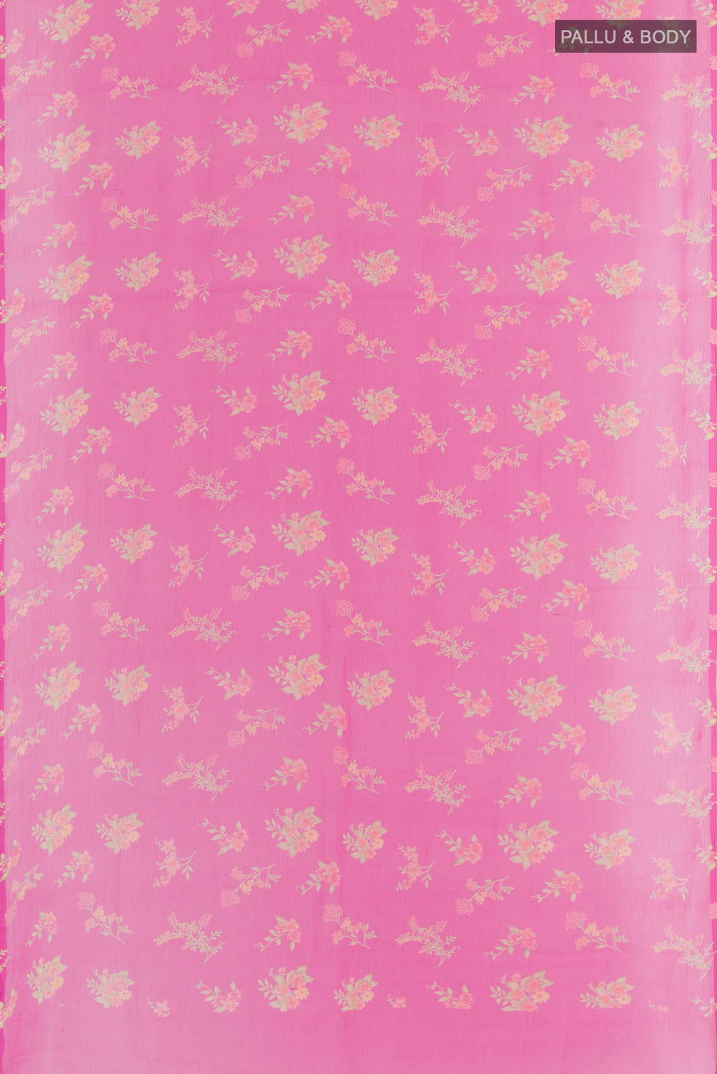 Flat view of Pink Mysore Chiffon Saree with Printed design on the body and Plain Border. 