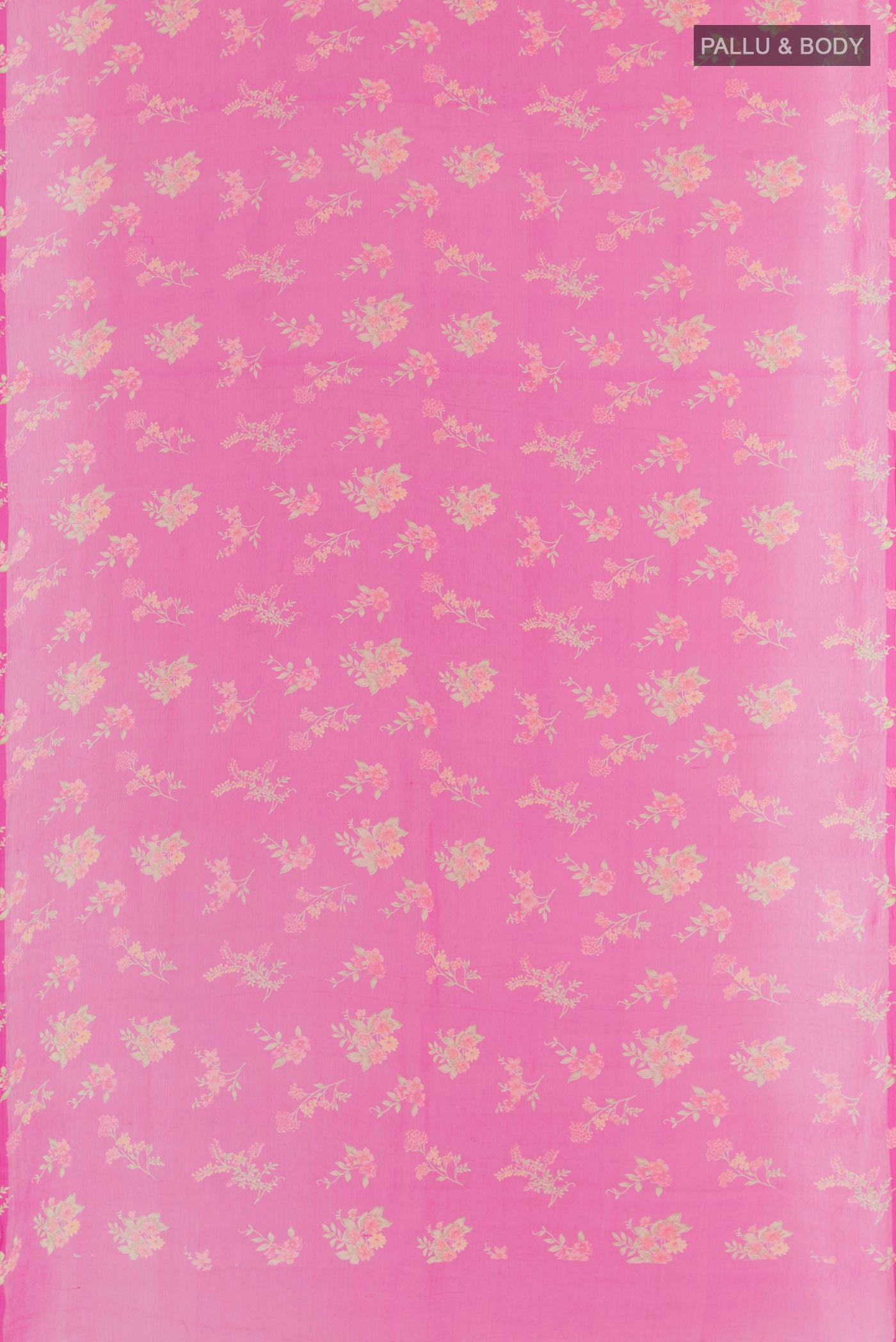 Flat view of Pink Mysore Chiffon Saree with Printed design on the body and Plain Border. 