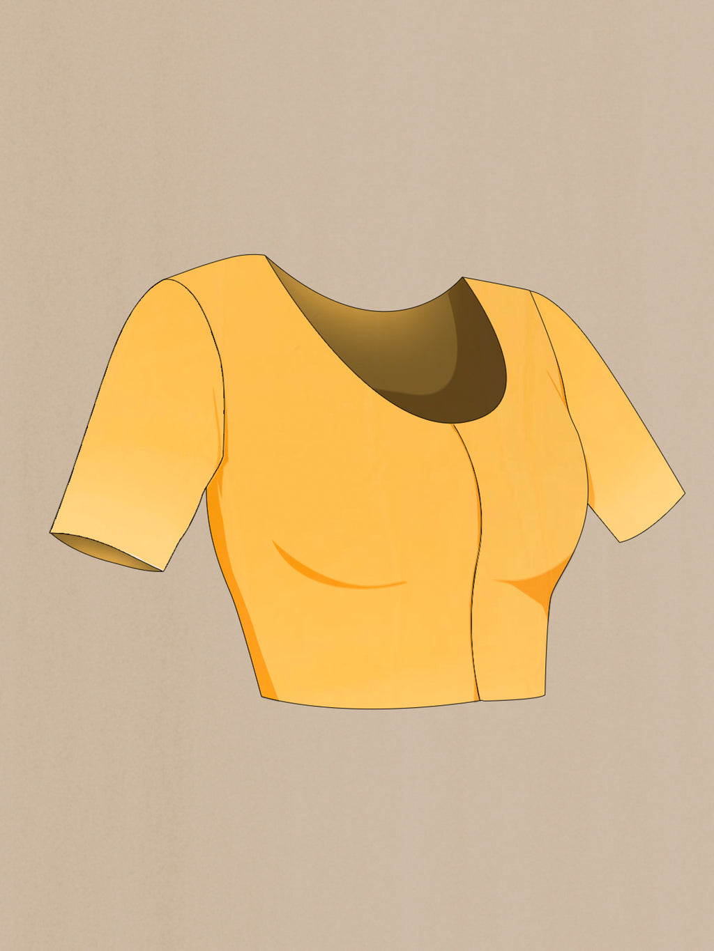 Close up image of the blouse of Yellow Mysore Chiffon Saree with Printed design on the body and Plain Border. 