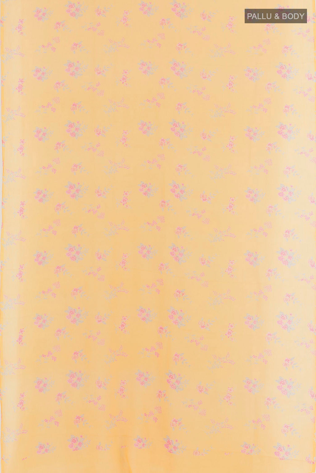 Flat view of Yellow Mysore Chiffon Saree with Printed design on the body and Plain Border. 