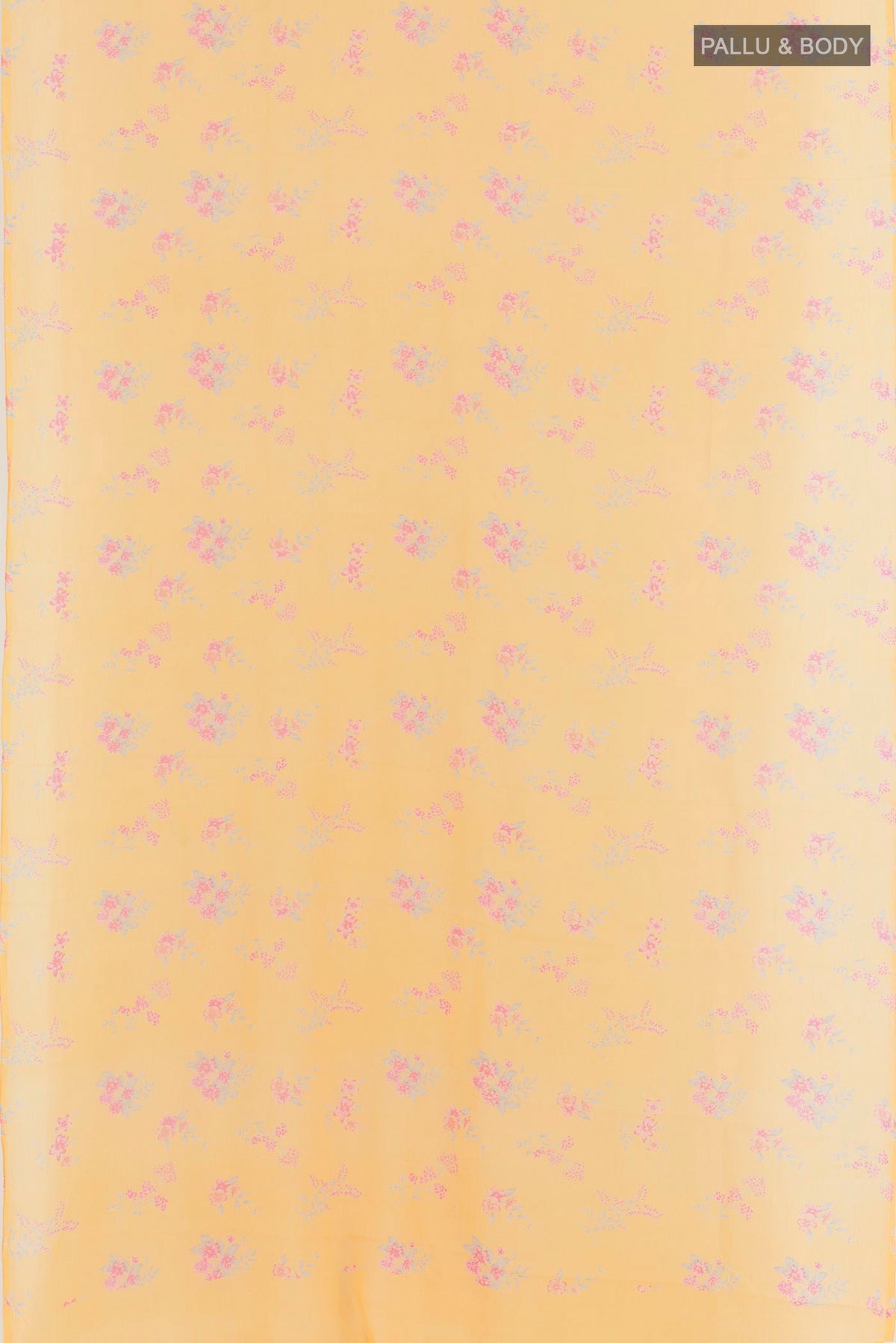 Flat view of Yellow Mysore Chiffon Saree with Printed design on the body and Plain Border. 