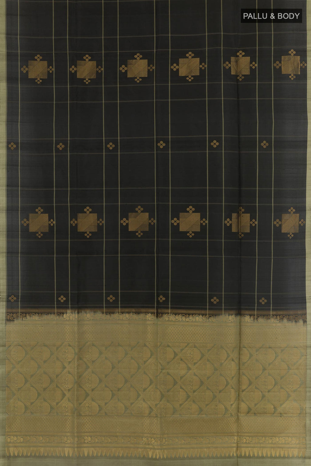 Flat view of Black Soft Silk Saree with Zari Butta on the body and Zari Border. 