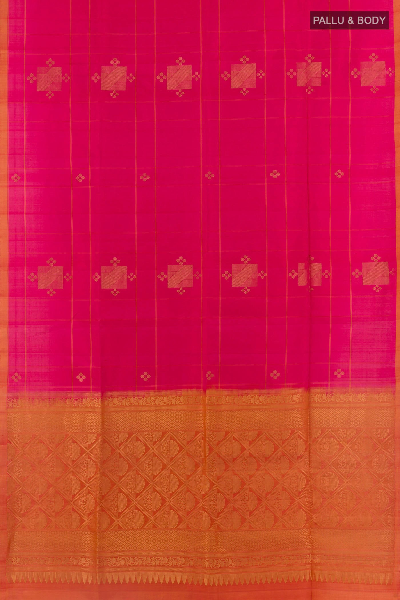 Flat view of Pink Soft Silk Saree with Zari Butta on the body and Zari Border. 