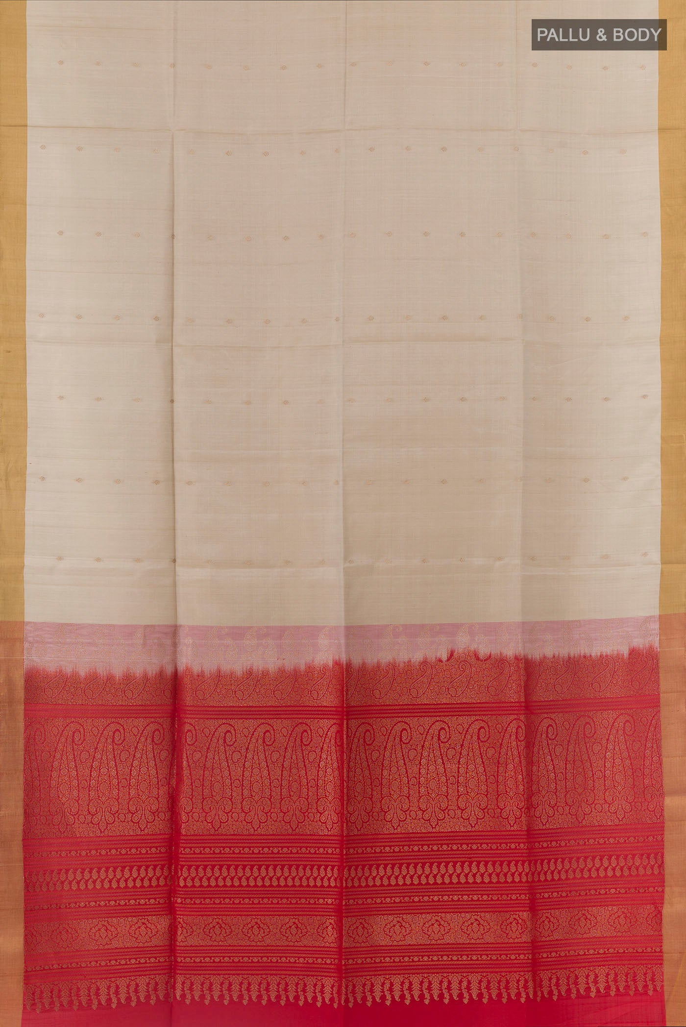 Flat view of Off White Soft Silk Saree with Zari Butta on the body and Zari Border. 