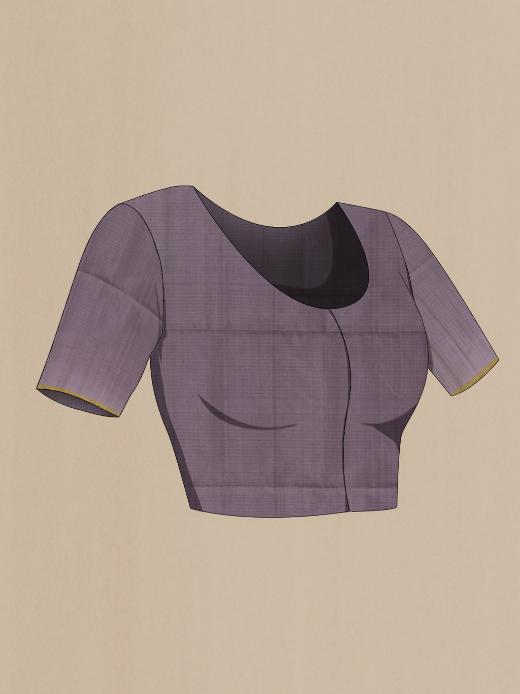 Close up image of the blouse of Lilac Soft Silk Saree with Stripes on the body and Zari Border. 