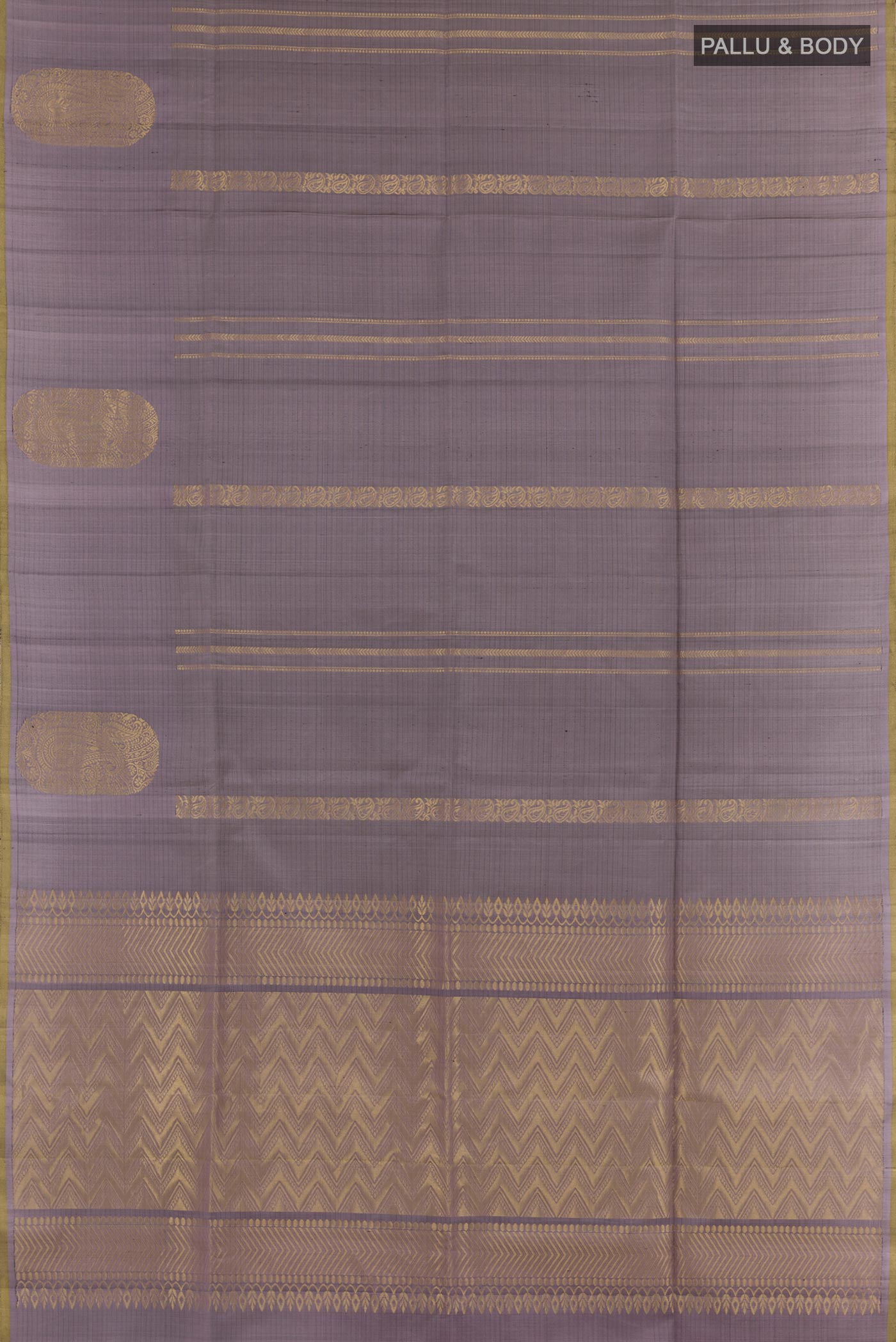 Flat view of Lilac Soft Silk Saree with Stripes on the body and Zari Border. 
