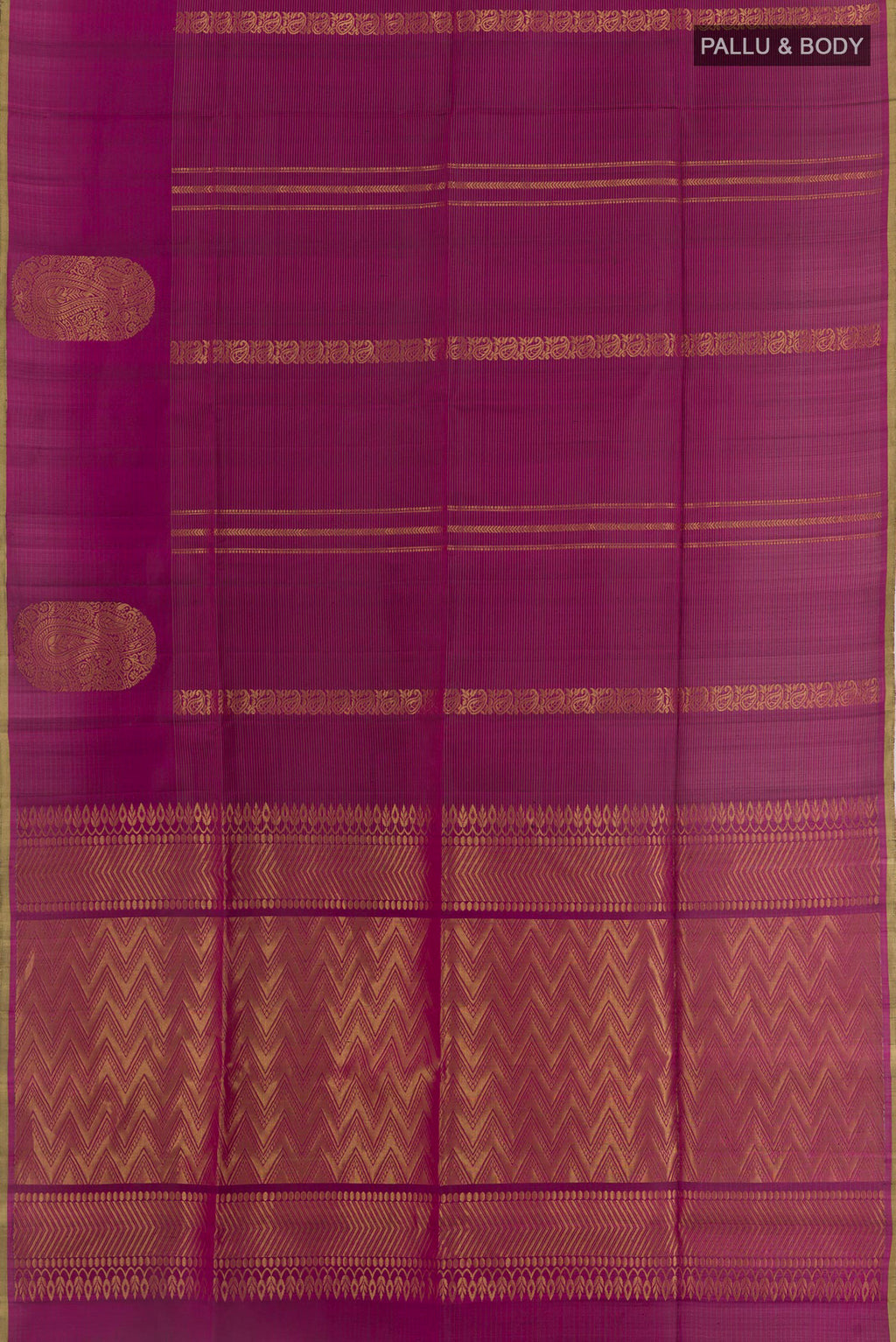 Flat view of Purple Soft Silk Saree with Zari Butta on the body and Zari Border. 