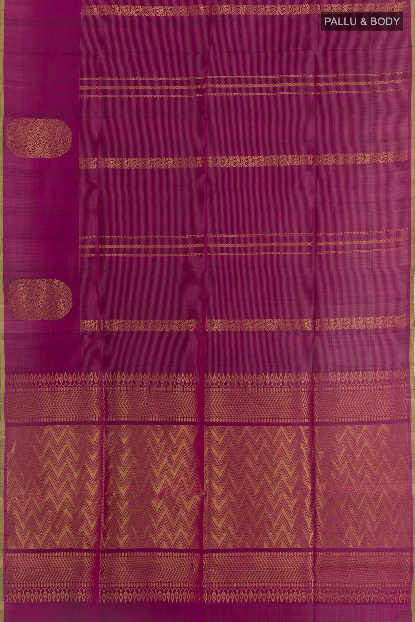 Flat view of Purple Soft Silk Saree with Zari Butta on the body and Zari Border. 