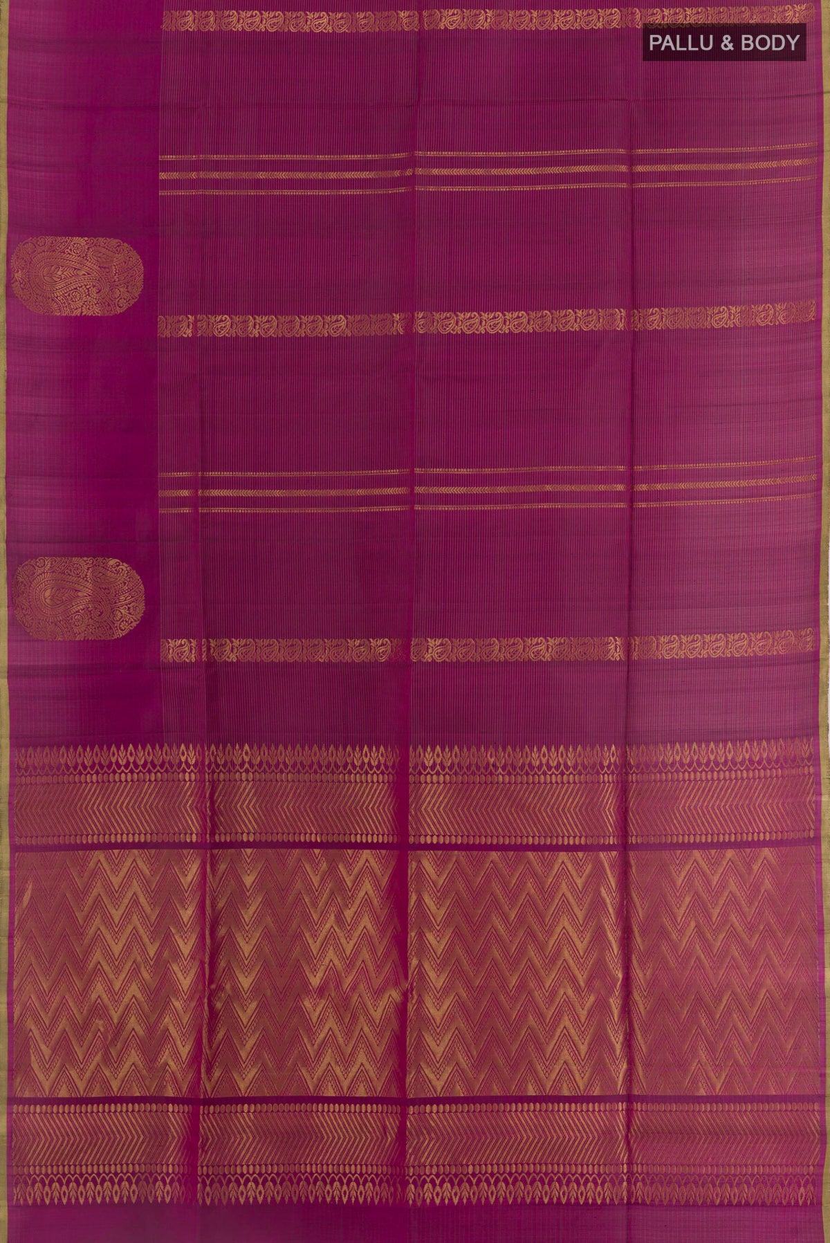 Flat view of Purple Soft Silk Saree with Zari Butta on the body and Zari Border. 