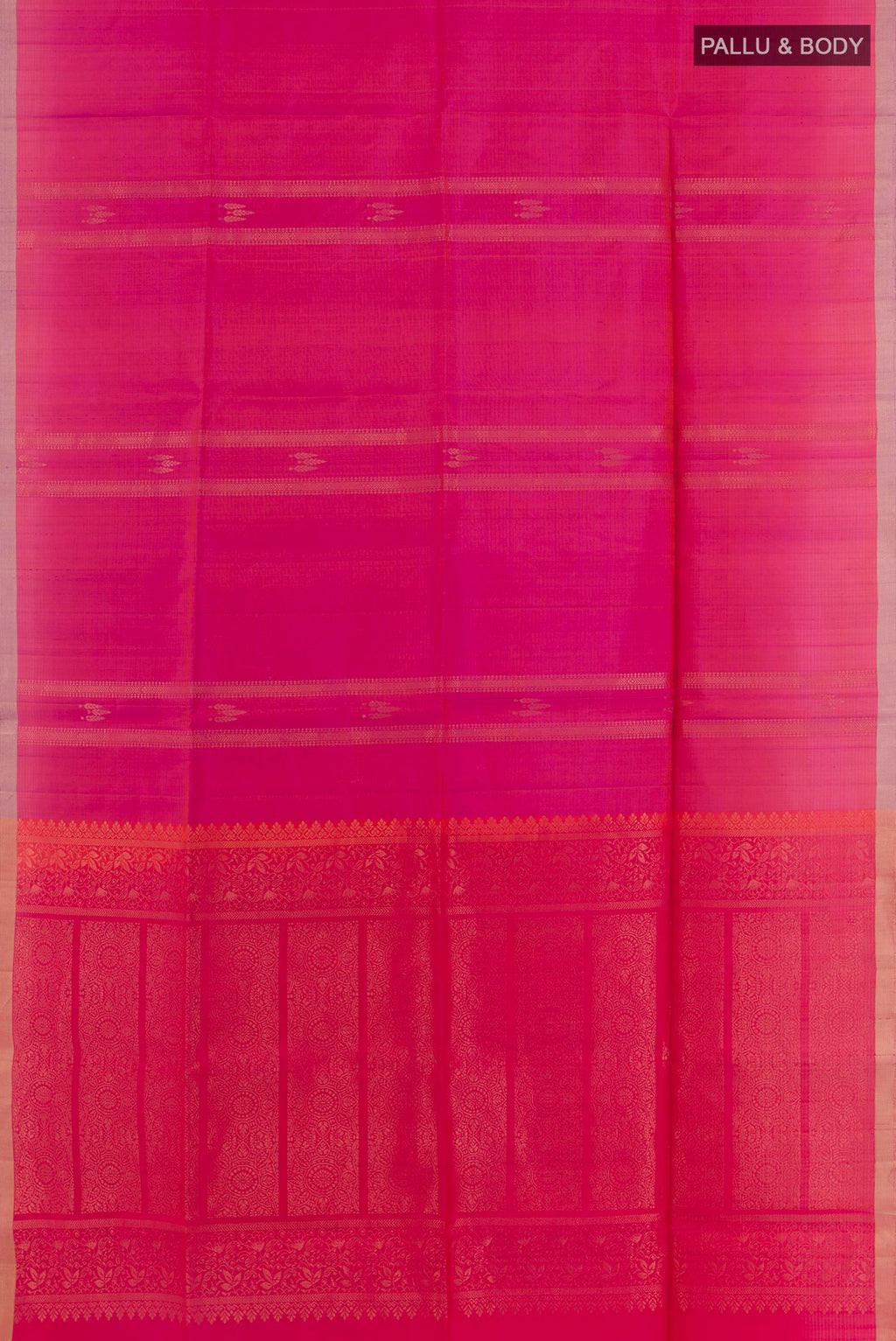 Flat view of Pink Soft Silk Saree with Zari Butta on the body and Zari Border. 