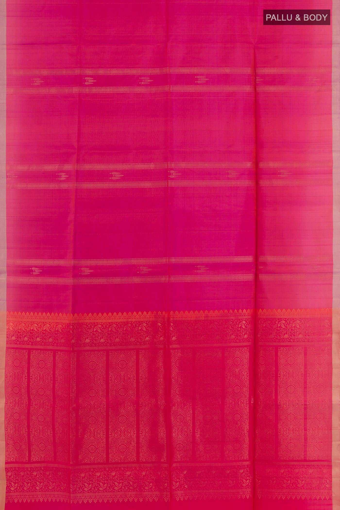 Flat view of Pink Soft Silk Saree with Zari Butta on the body and Zari Border. 