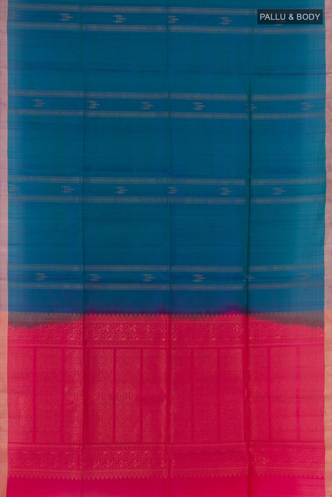 Flat view of Peacock Blue Soft Silk Saree with Zari Butta on the body and Zari Border. 